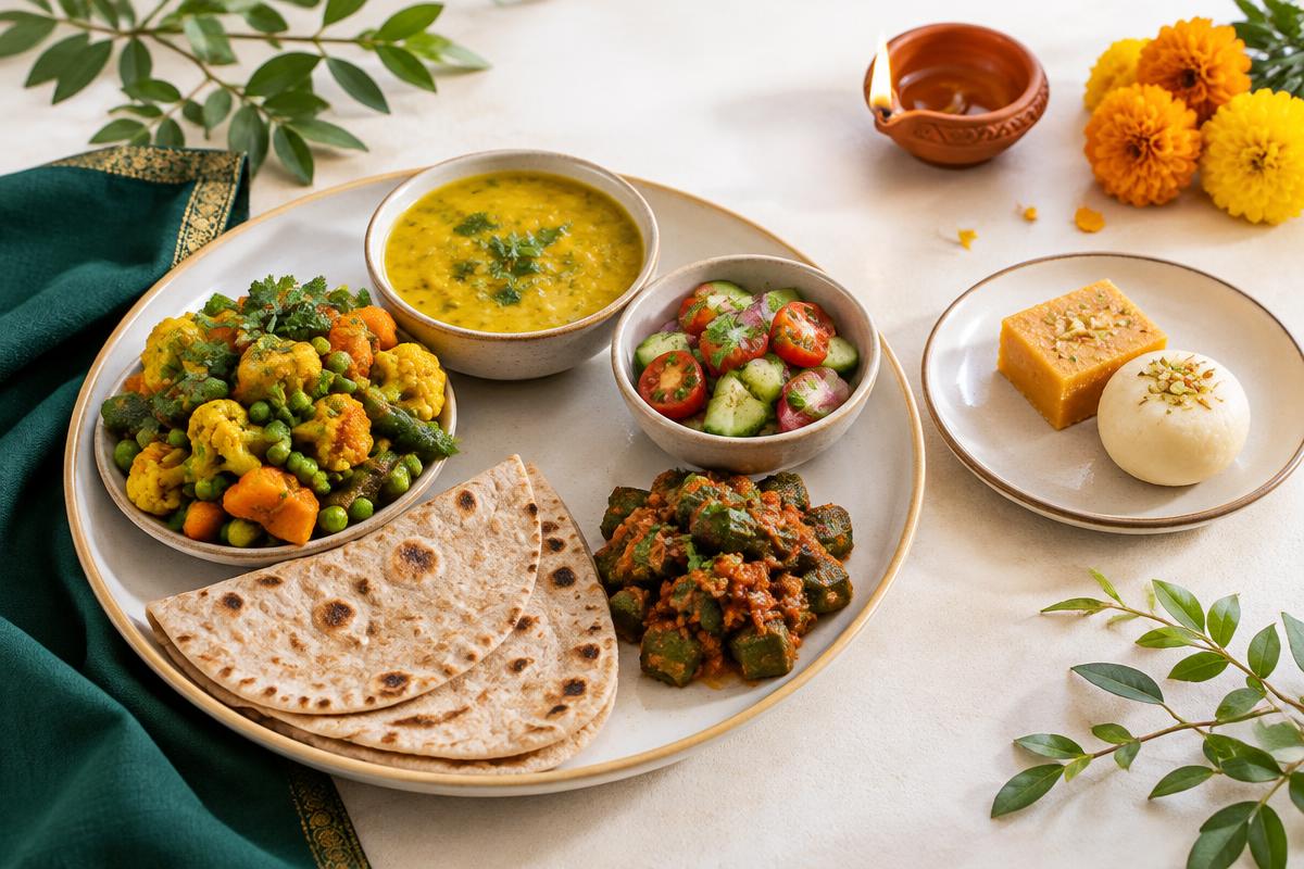 Balanced Indian festive meal with mithai, vegetables and a Diwali diya