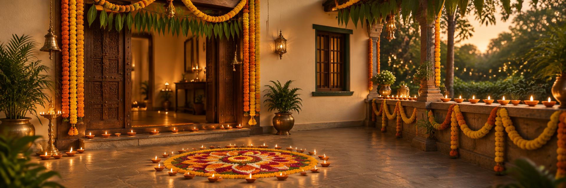 An Indian home entrance decorated for Diwali with marigold garlands, a flower rangoli and rows of lit clay lamps