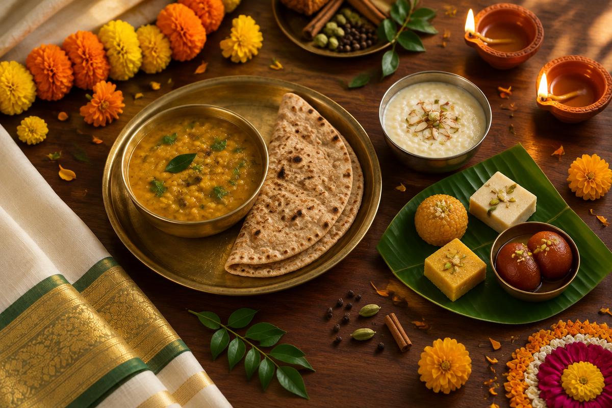 Festive Indian thali with dal, rotis, sweets and lit diyas decorated with marigolds