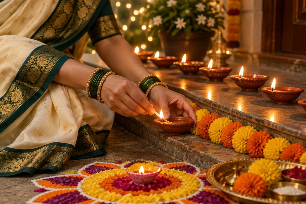 Hands in a saree lighting clay diyas beside a marigold rangoli